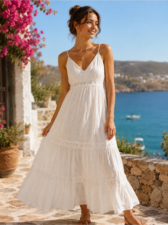 Lulus Dresses & Skirts - Lulu's White V-Neck Maxi Dress with Lace Trim